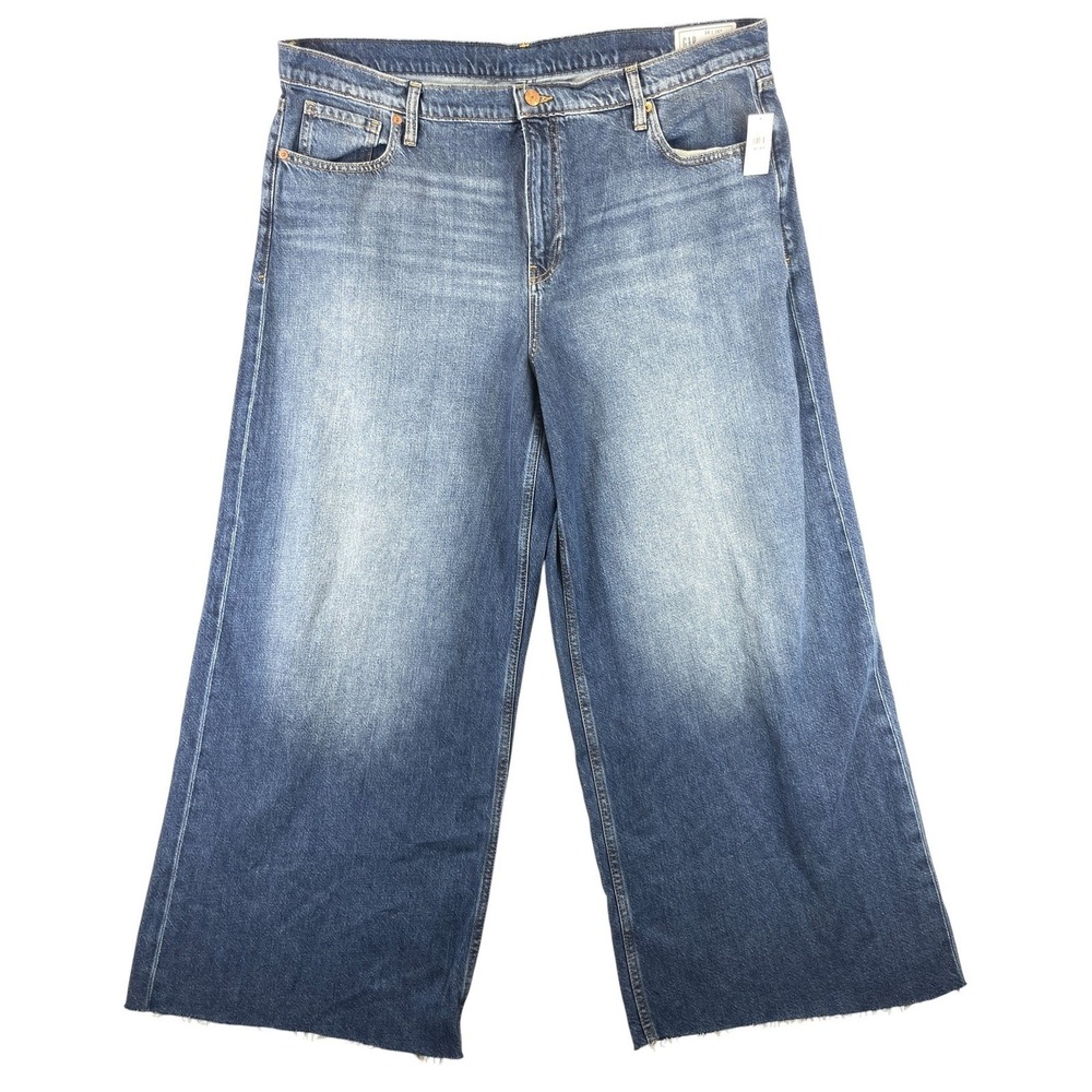 GAP Sassy Mid Rise Crop Wide Leg Jeans Womens 34/18 Blue Denim Raw Hem Y2K NWT